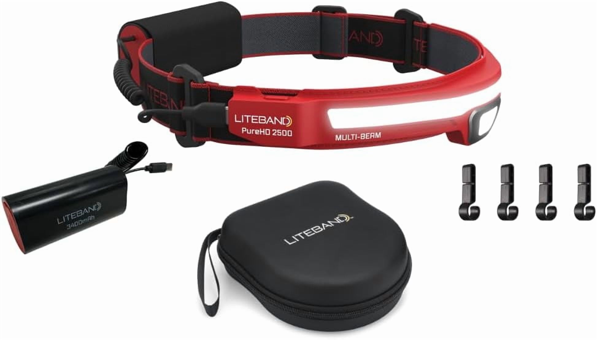 Liteband Bundle PRO PureHD 2500 Lumen LED Headlamp, Rechargeable Battery Powered, Hard Hat Light, Red