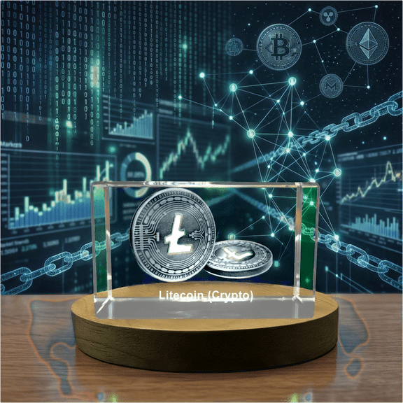 Litecoin Crypto Symbol 3D Engraved Crystal Trophy Award With LED Base Light