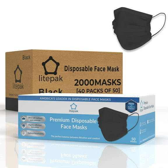 Litepak 2000 Disposable Face Masks Black 3-Ply Adult Mask Nose Wire Protection - Breathable Protective Face Covering