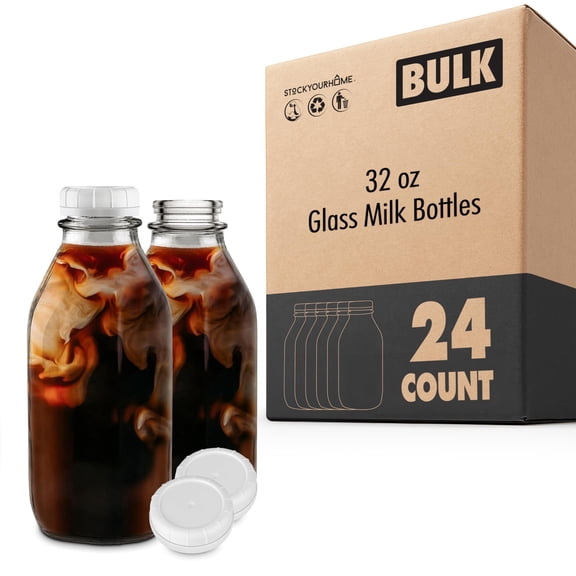 Liter Glass Milk Bottle with Lid (24 Pack) 32 Oz Jugs with 3 White Caps, Reusable Food Grade Bottles for Juice, Milk, Water, Honey