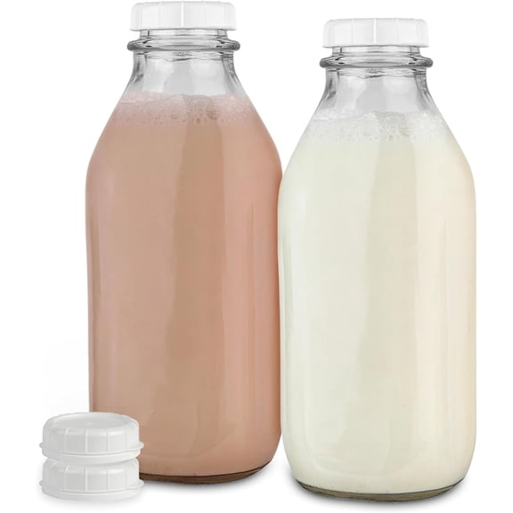 Liter Glass Milk Bottles (2 Pack) - 32-Oz Milk Jars with Lids - Food Grade Glass Bottles - Dishwasher Safe - Bottles for Milk, Buttermilk, Honey, Maple Syrup, Jam, BBQ Sauce