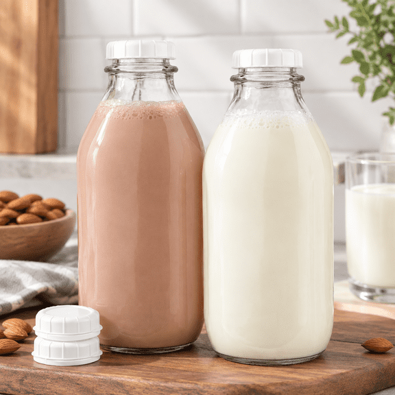 Liter Glass Milk Bottles (2 Pack) - 32-Oz Milk Jars with Lids - Food Grade Glass Bottles - Dishwasher Safe - Bottles for Milk, Buttermilk, Honey, Maple Syrup, Jam, BBQ Sauce