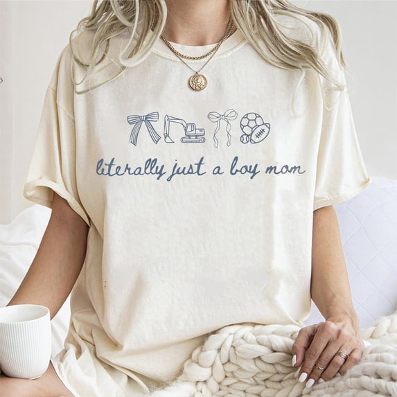 Literally Just a Boy Mom T-Shirt – Floral Dirt Mud Trucks Tractors Race Cars Sports Mom Tee, Baseball Football Mama Shirt Gift for Women