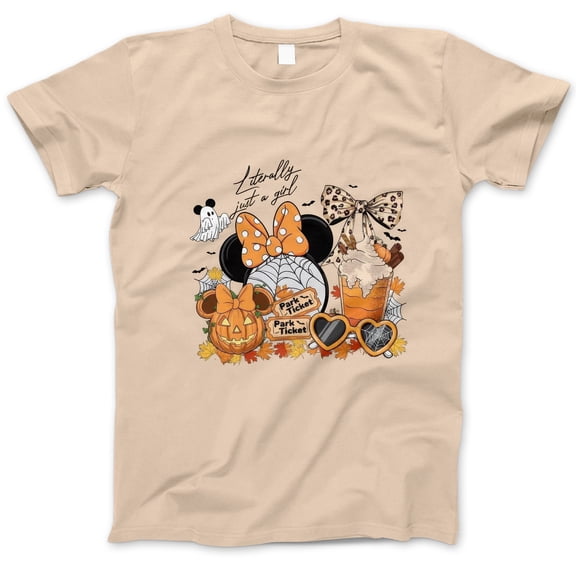 Literally Just a Girl Halloween T-Shirt, Cute Pumpkin Minnie Bow Fall Coffee Graphic Tee, Spooky Season Shirt, Pumpkin Patch Outfit Gift