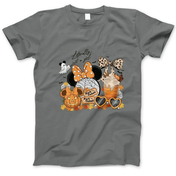 Literally Just a Girl Halloween T-Shirt, Cute Pumpkin Minnie Bow Fall Coffee Graphic Tee, Spooky Season Shirt, Pumpkin Patch Outfit Gift