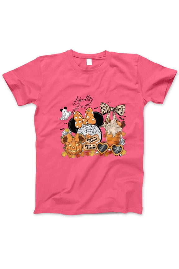 Literally Just a Girl Halloween T-Shirt, Cute Pumpkin Minnie Bow Fall Coffee Graphic Tee, Spooky Season Shirt, Pumpkin Patch Outfit Gift