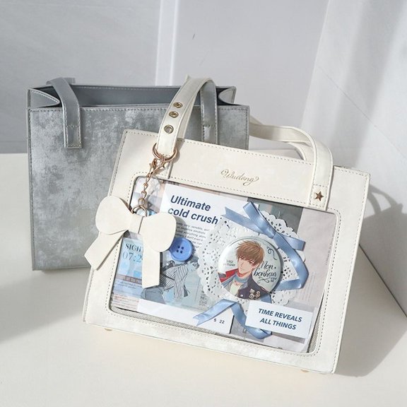 Literary Chinese Style PU Ita Bag for Women, Bow Charm, Clear Display Window, Adjustable Strap & Large Capacity, Shoulder Handheld Crossbody Bag (10.8" x 8.7" x 3.1"-4.3", 1.01 lb, 1.26 lb with acces