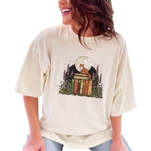 Literary Fox T-Shirt, Moonlight Reading Tee, Cute Fox on Books Shirt, Nature Lover's T-Shirt, Whimsical Book Lover's Tee, Ivory Comfort Colors T-Shirt, Small
