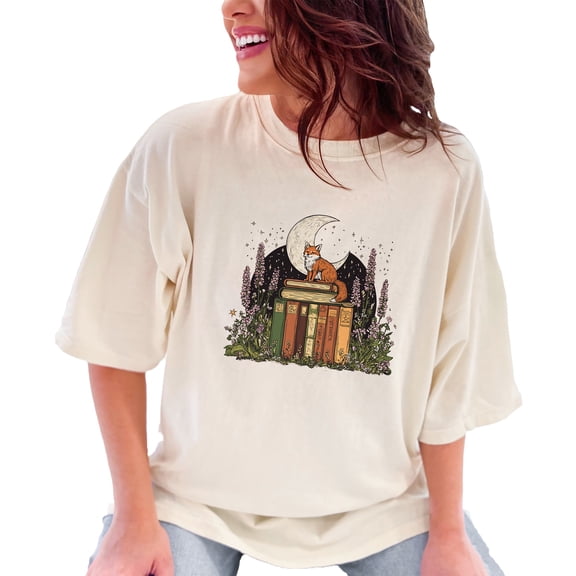 Literary Fox T-Shirt, Moonlight Reading Tee, Cute Fox on Books Shirt, Nature Lover's T-Shirt, Whimsical Book Lover's Tee, Ivory Comfort Colors T-Shirt, XL