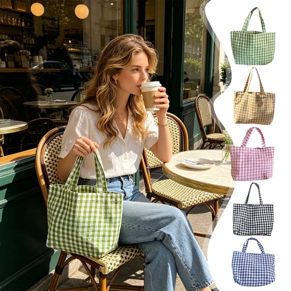Literary Fresh Portable Bento Bag, Japanese Plaid Mommy & Student Handbag, Lightweight Cloth Walking Bag for Daily Outings, Lunch Carrying Pouch for Work, School and Picnic Use, Blue