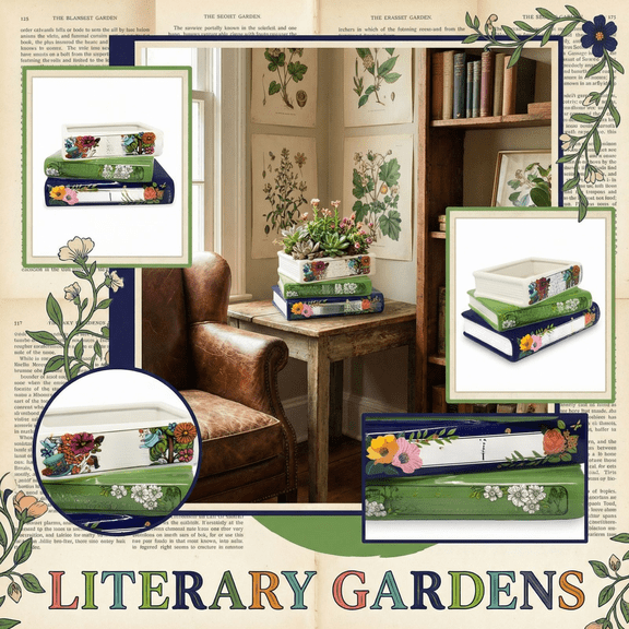 Literary Gardens Ceramic Stacked Book Planter, 7-Inch Decorative Floral Succulent Pot for Home Library and Office Decor, Unique Gift for Book Lovers and Gardeners