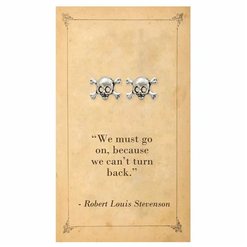 Literary Quotes Treasure Island Jolly Roger Skull Mini Stud Earrings, Silver