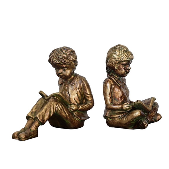 Literary Room Resin Bookends, Reading Figure Decor with Bronze Tone Shelf Accent for Upright Book Support and Tabletop Book Display