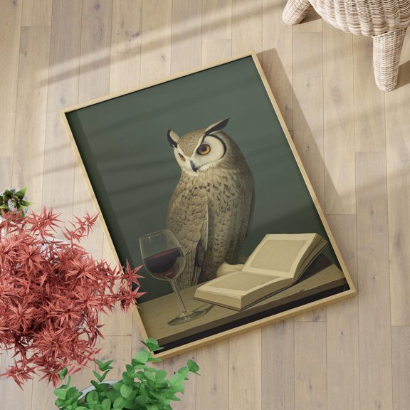 Literary Sipper Owl Wine Open Book Muted Green Wise Reading Modern Wall Art Print