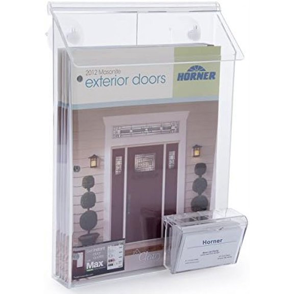 Literature Holder Mounts on Window, 9"W x 11"H Pocket, Lid Snaps Shut, Includes Business Card Holder, Clear Acrylic$$Office