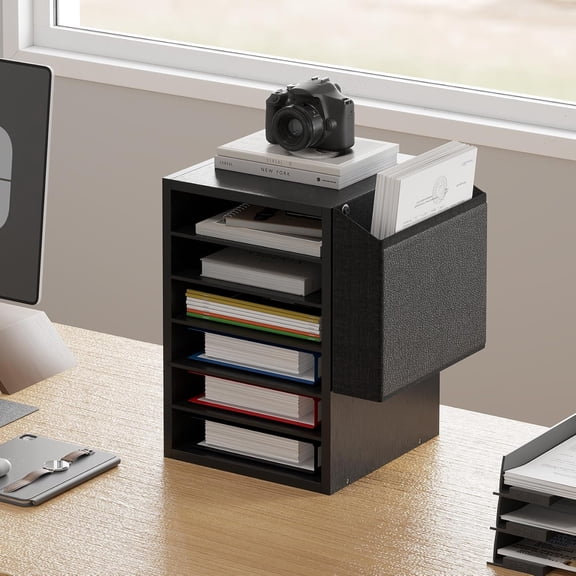 Literature Organization Paper Storage Slot, Office Desk File Organizer, Desktop Wood Mailbox For Teacher Classroom, 6 Tier Adjustable Countertop Mail Sorter, Mailboxes With Name Slots, Black