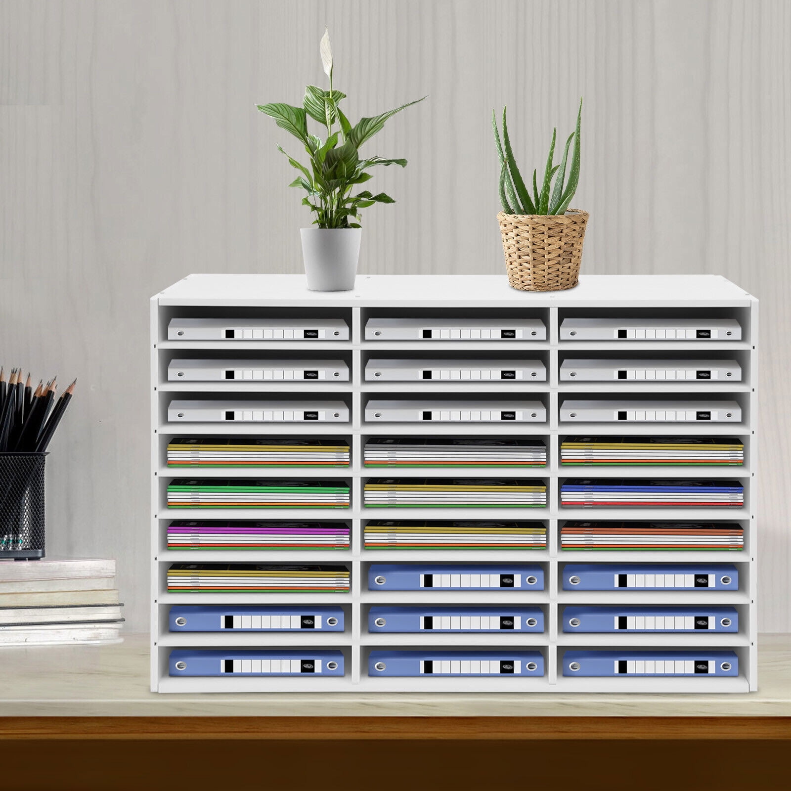 Literature Organizer, 27 Compartments Paper Storage Cabinet Mail Organizer, 31.5 X 12 X 21.69 Inch Desktop File Sorter Mail Center Mailbox School Classroom Keepers for Home&Office, White