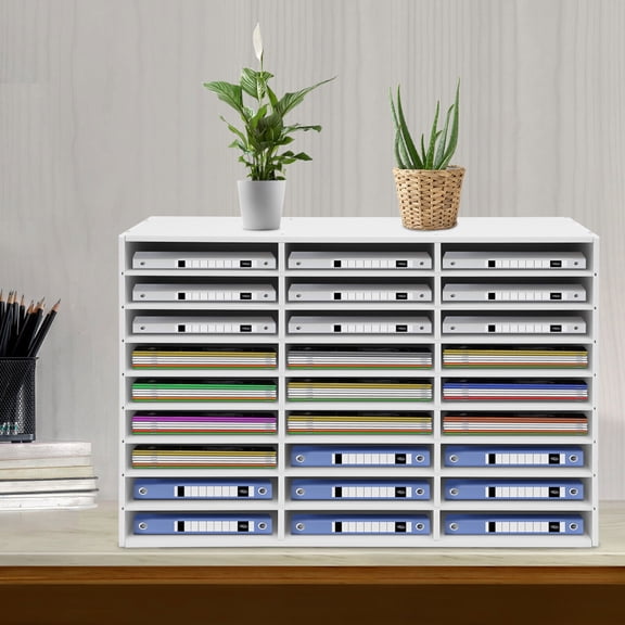 Literature Organizer, 27 Compartments Paper Storage Cabinet Mail Organizer, 31.5 X 12 X 21.69 Inch Desktop File Sorter Mail Center Mailbox School Classroom Keepers for Home&Office, White