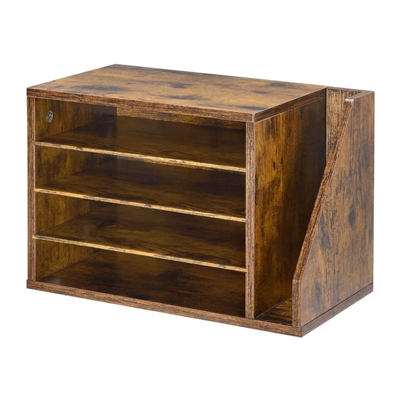 Literature Organizer 4 Compartment, Wooden Mail Sorter with Shelves, Office File Organizer for Documents & Papers, Vertical Desk Organizer for Home & Office - Brown