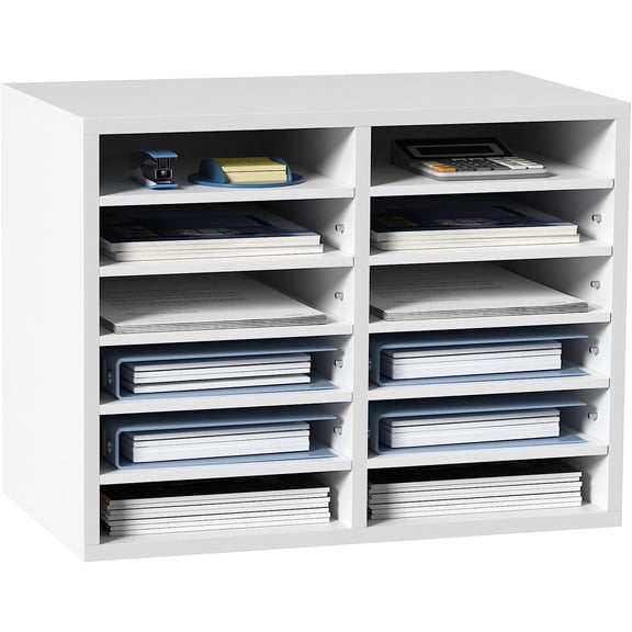 Literature Organizers, 12 Compartments Office Mailbox with Adjustable Shelves, Wood Sorter 20.4x12x16.1 inches for Office, Home, Classroom, Mailrooms Organization, EPA Certified White