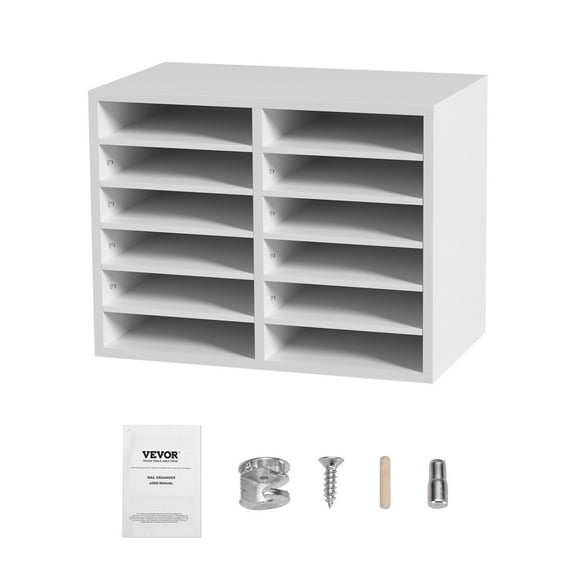 Literature Organizers, 12 Compartments Office Mailbox with Adjustable Shelves, Wood Literature Sorter 20.4x12x16.1 inches for Office, Home, Classroom, Mailrooms Organization, EPA Certified White