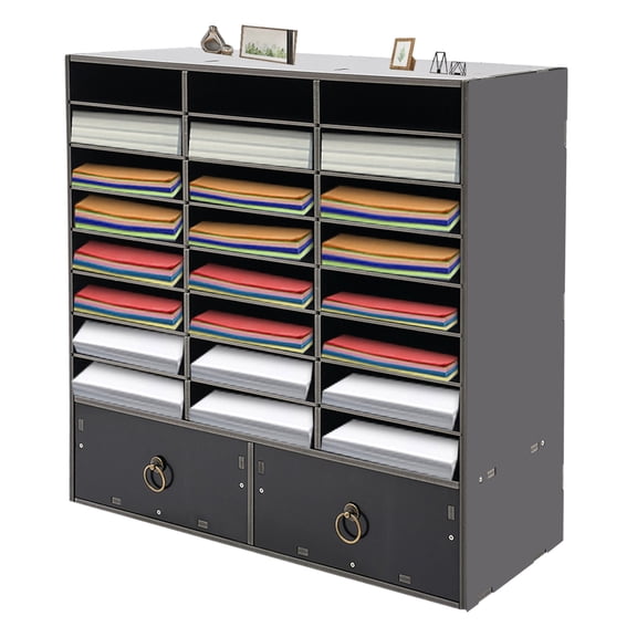 Shangmakel Literature Organizers with 24 Compartment & 2 Drawers Office Mailbox with Adjustable Shelves 9-Tier Wood Literature Sorter Desktop File Holder for Office Home Classroom Mailrooms