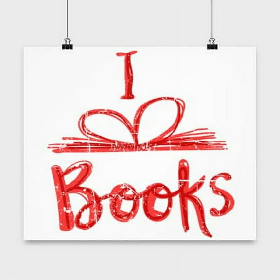 Literature Poster, I Love Books, Book Worm Wall Art Gift, White 13x13in Poster