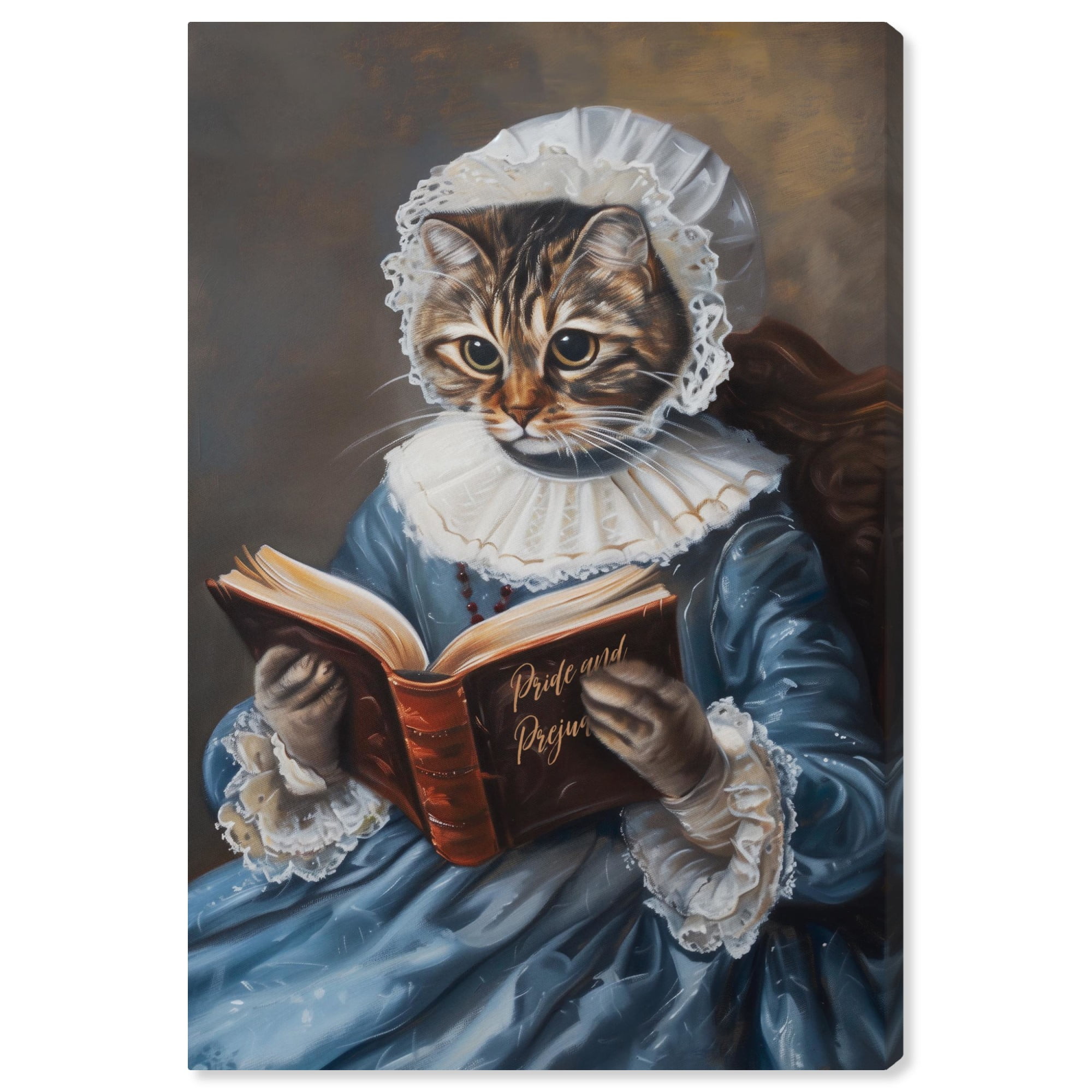 Quirky Cat in Blue Dress Reading Book Canvas Art Print