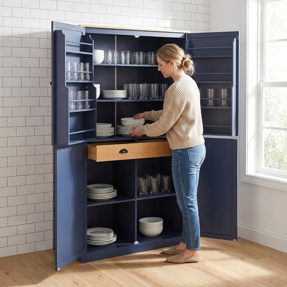 Litex 40.2" Wide Kitchen Pantry Cabinet, 71.3" Tall Freestanding Storage Cabinet with 2 Drawers, Adjustable Shelves & 8 Door Shelves, Large Farmhouse Kitchen Cupboard for Kitchen Dining Room (Blue)