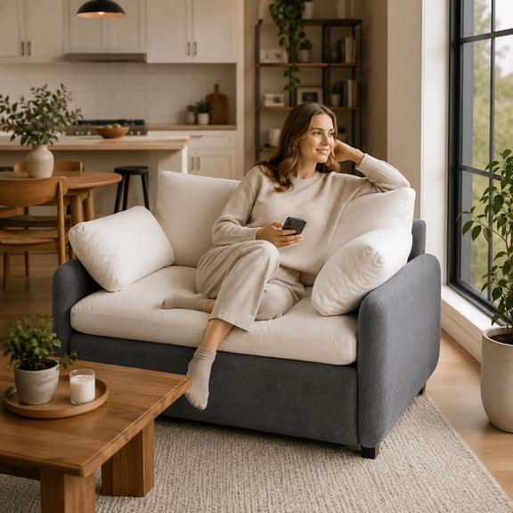 Litex 50 x 43 Oversized Chenille Armchair with Pillows – Extra Wide & Deep Comfy Lounge Chair, Modern Accent Chair for Living Room, Bedroom, Apartment, Dorm or Reading Nook (White Grey)