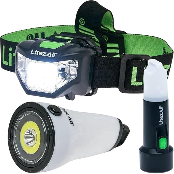 LitezAll 3-Piece Camping Light Set with Quatro Headlight, Camping Lantern, and Flashlight-Lantern Combo