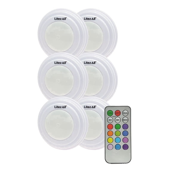 LitezAll Remote Controlled RGB Puck Light, Peel & Stick Cabinet Lights with 12 Adjustable Colors & White, 6 Pack