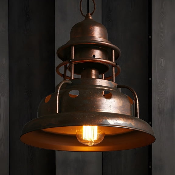 Litfad 1 Light Rustic Copper Ceiling Pendant Light Metal Shade Hanging Lamp for Kitchen Island Bar