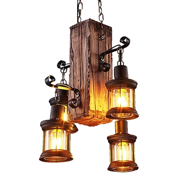 Litfad 4-Light Industrial Lantern Hanging Chandelier Loft Wooden Pendant Lighting Fixture for Kitchen Bar Restaurant