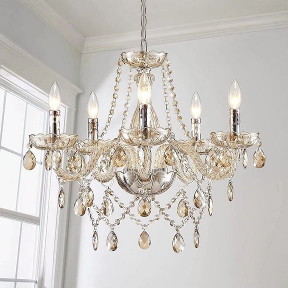 Litfad 5-Light Crystal Chandelier Classic Candle Style Champagne K9 Crystal Hanging Light Fixture Chandelier for Dining Room Living Room