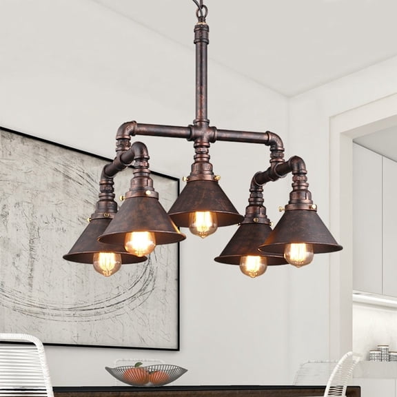 Litfad 5 Light Industrial Copper Chandelier Cone Shade Wrought Iron Pipe Steampunk Hanging Flush Mount Ceiling Light