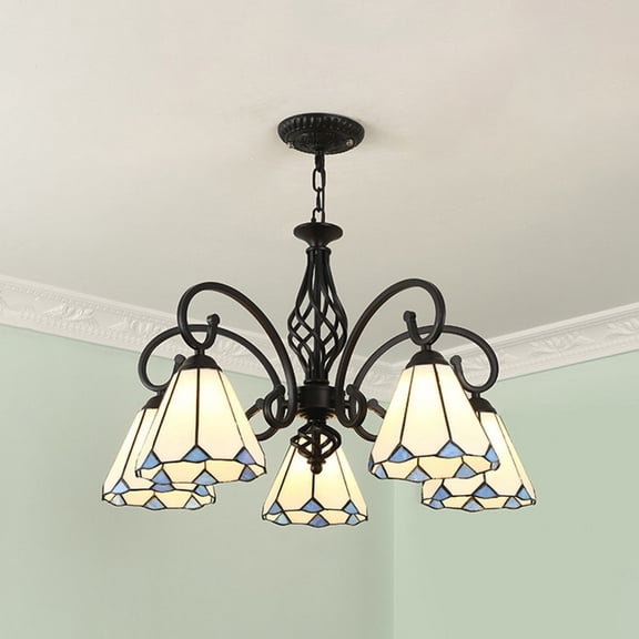 Litfad 5-Light Stained Glass Tiffany Chandelier Light Living Room Ceiling Hanging Light with White Cone Shade