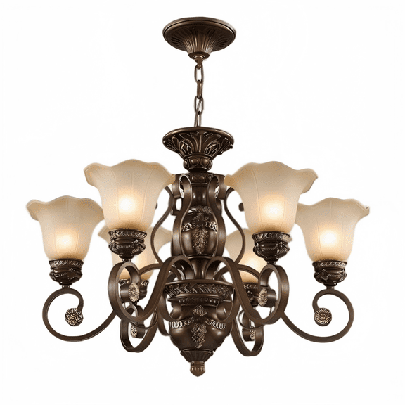 Litfad 6-Light Traditional Rust Bronze Chandelier Vintage Metal Ceiling Pendant Light with Frosted Glass Shade Fixture for Dining Room Living Room