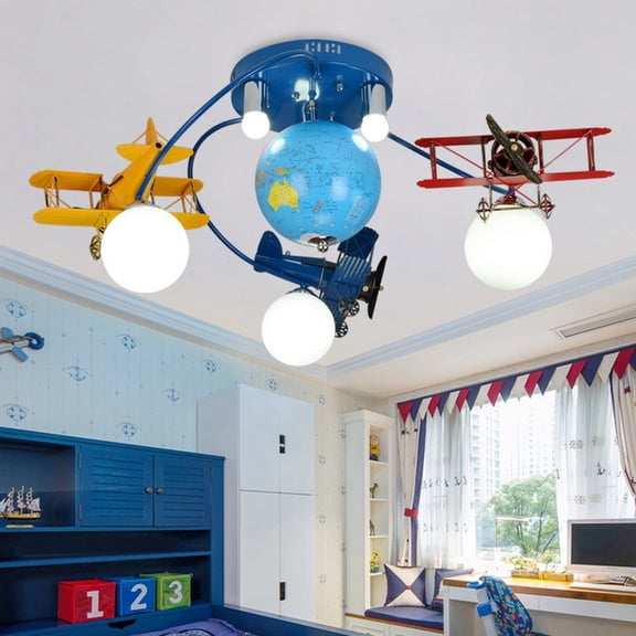 Litfad 6 Lights Airplane Semi Flushmount Boys Kid's Room Bedroom Glass Shade LED Lighting Fixture in Blue
