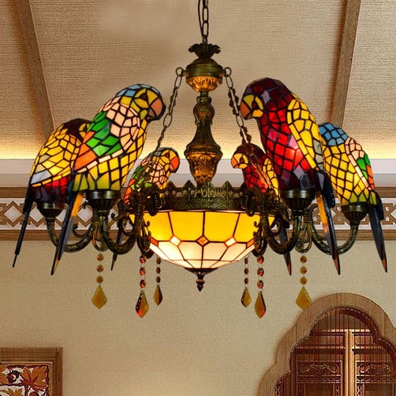Litfad 7-Light Stained Glass Parrot Chandelier Tiffany Style Ceiling Fixtures Pendant Lamp for Living Room Bedroom Hotel Restaurant