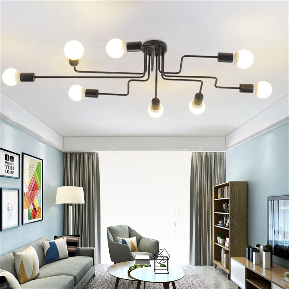 Litfad Black Sputnik Ceiling Light Fixture Industrial Edison Bulb Wrought Iron 8 Light Semi Flush Mount Light for Dining Kitchen