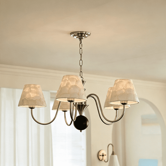 Litfad Coastal Capiz Shell 5Light Chandelier, Brushed Nickel Hanging Pendant Light for Dining Room Living Room Bedroom