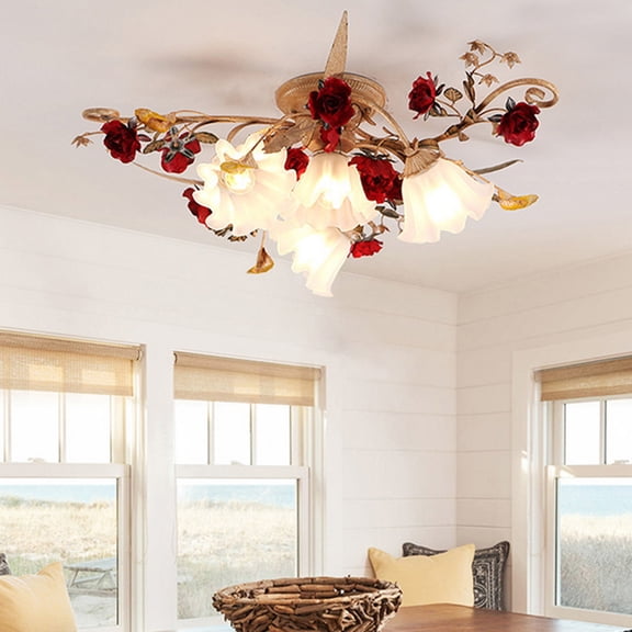 Litfad Elegant Romantic Semi Flush Mount Ceiling Light Rural Art Iron Rose Mounted Chandelier with Frosted Glass Shade,7-Light