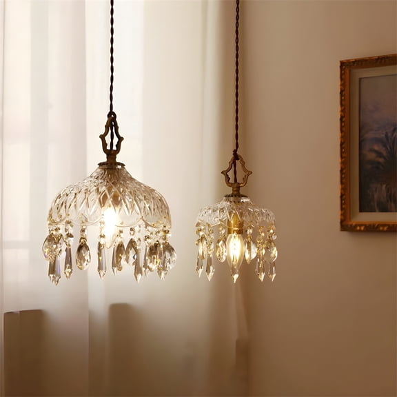 Litfad French Country Crystal Glass Kitchen Pendant Light Elegant Retro Brass Hanging Ceiling Light,6"
