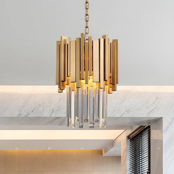 Litfad Gold 2 Tiers Pendant Light Modern Clear Crystal Hanging Ceiling Light LED Chandelier for Dining Room Living Room Restaurant Hotel