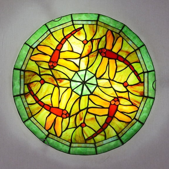 Litfad Tiffany Handcrafted Green Glass Flush Mount Ceiling Light Dragonfly Chandeliers Art Glass Deco,16''