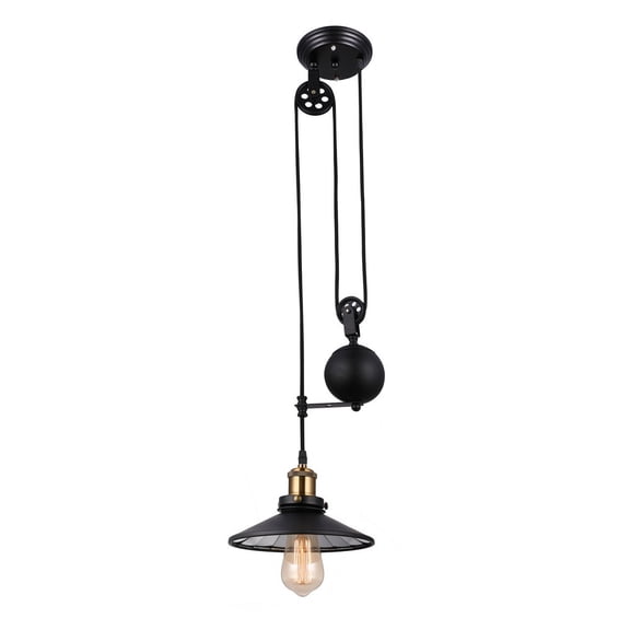 Litfad Industrial Loft Pulley Pendant Light Farmhouse Rise Fall Cord Adjustable Metal Round Ceiling Chandelier