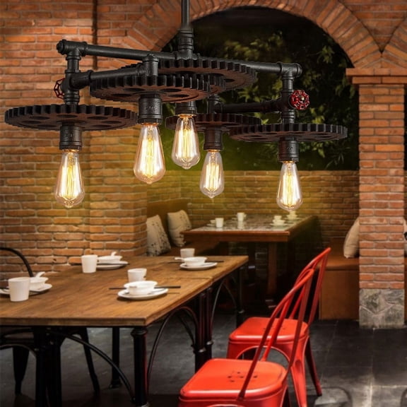 Litfad Industrial Steampunk Gear Chandelier Rustic Island Pendant Lighting for Restaurant Shop,5-Light