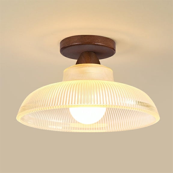 Litfad Japanese Style Semi Flush Mount Ceiling Light Ribbed Glass Lampshade Ceiling Lamp Vintage Ceiling Lighting Fixture for Cloakroom Balcony,Walnut