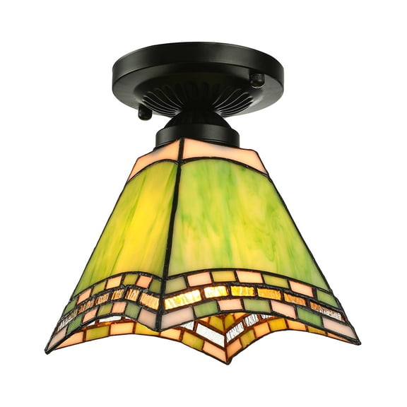 Litfad Lighting Tiffany Ceiling Light Stained Glass Hanging Lamp with Green Cone Shade Semi Flush Mount Ceiling Light for Living Room Hallway Kitchen